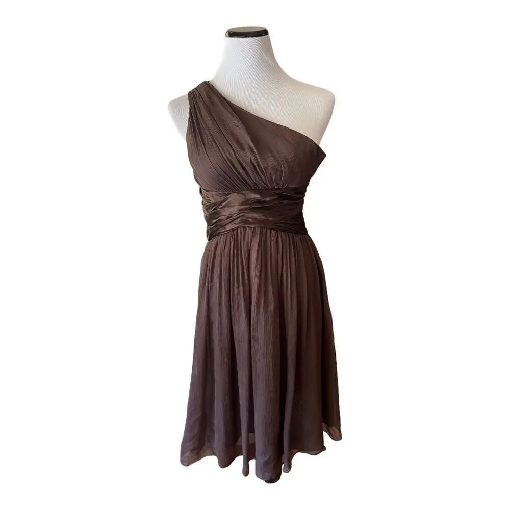 Maggy London One Shoulder Brown 100% Silk Cocktail Dress Size 4 Pleated Formal
